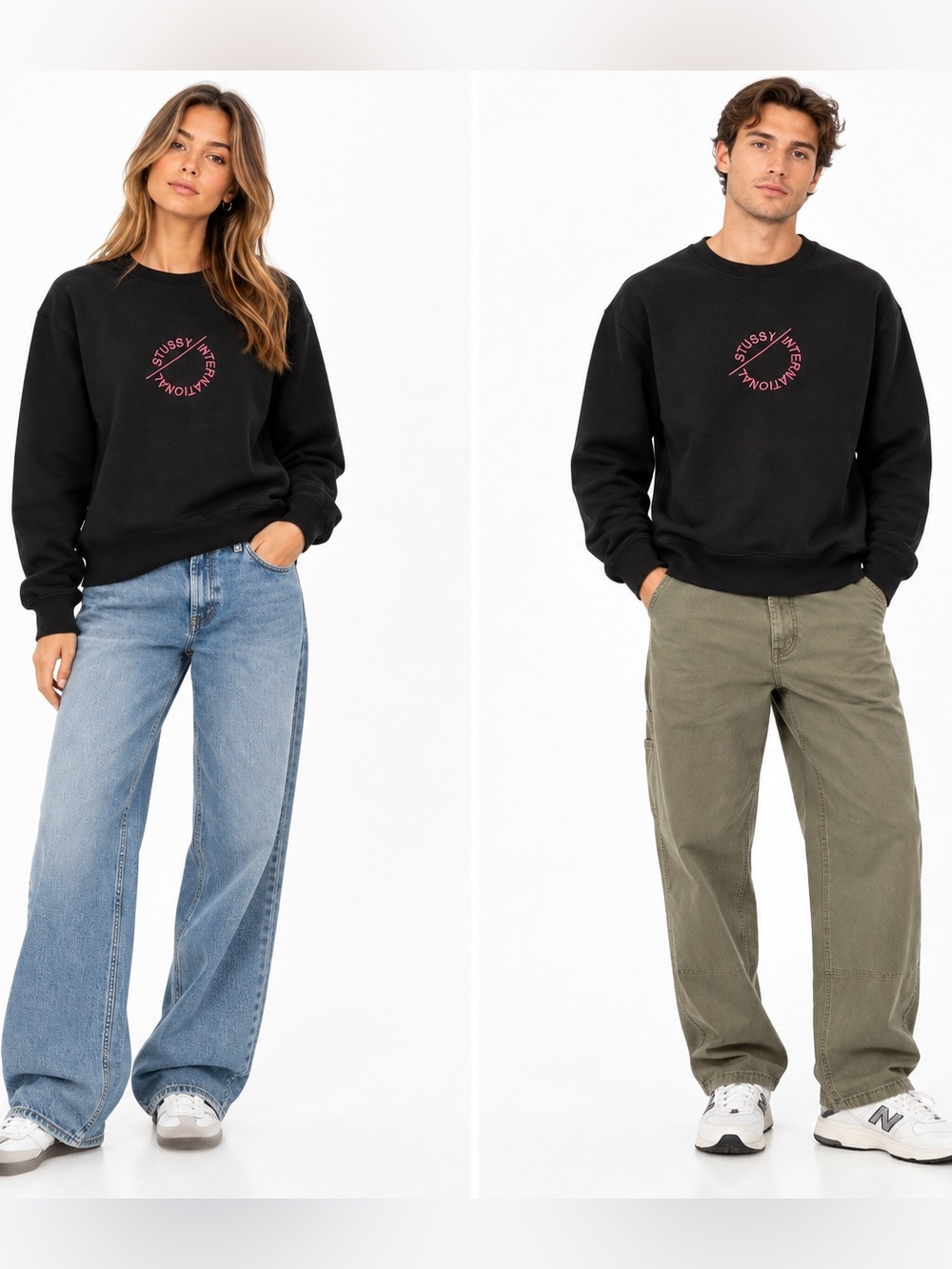 Stussy International Black Pink Embroidered Logo Crewneck Sweatshirt M